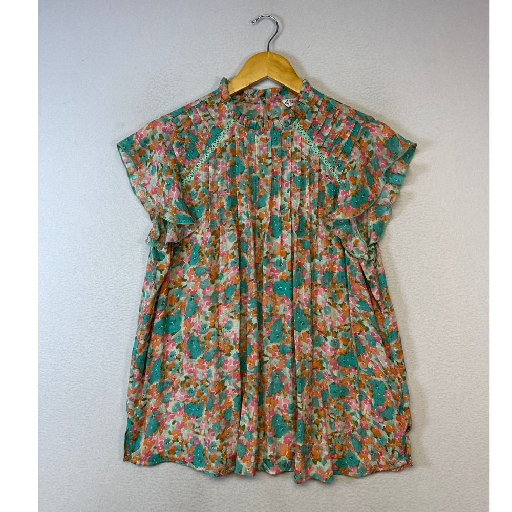 Nanette Lepore Floral Ruffle Sleeve Blouse in Teal, Pink, Orange